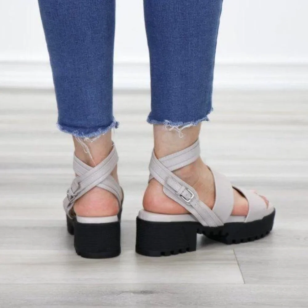 Gray Chunky Heel Sandals Multi Strap Buckle Closure Open Toe